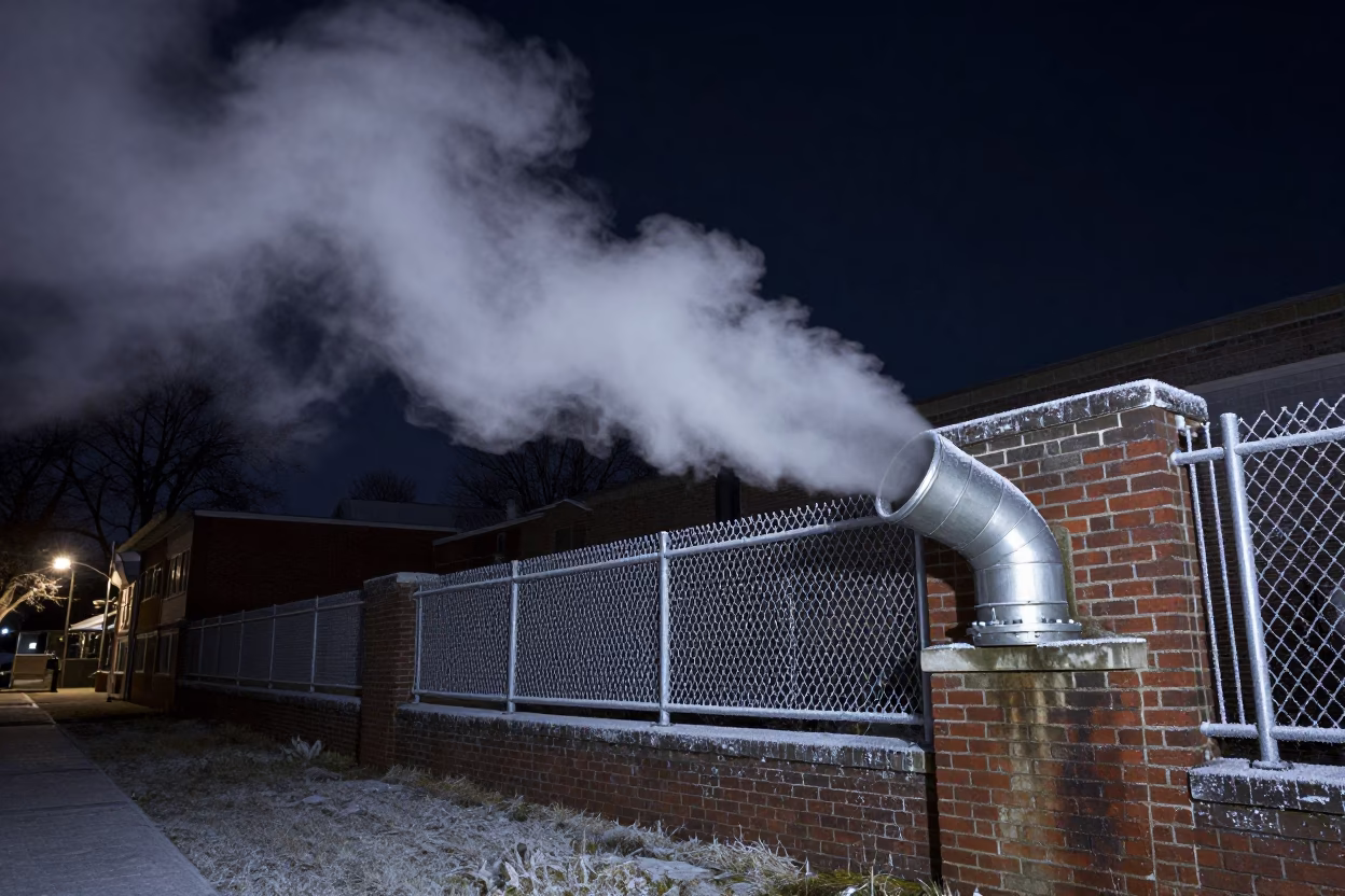 Frost-coated Fencing in Philadelphia at The Deepest Night Sky Light in in Philadelphia, Pennsylvania, United States