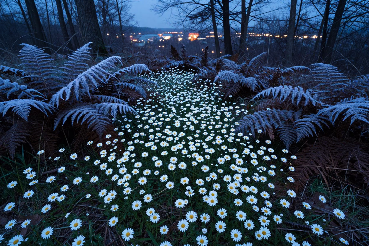 Frost-Coated Wild Daisies Near Torun at Dusk in on a fern-lined forest floor near Torun