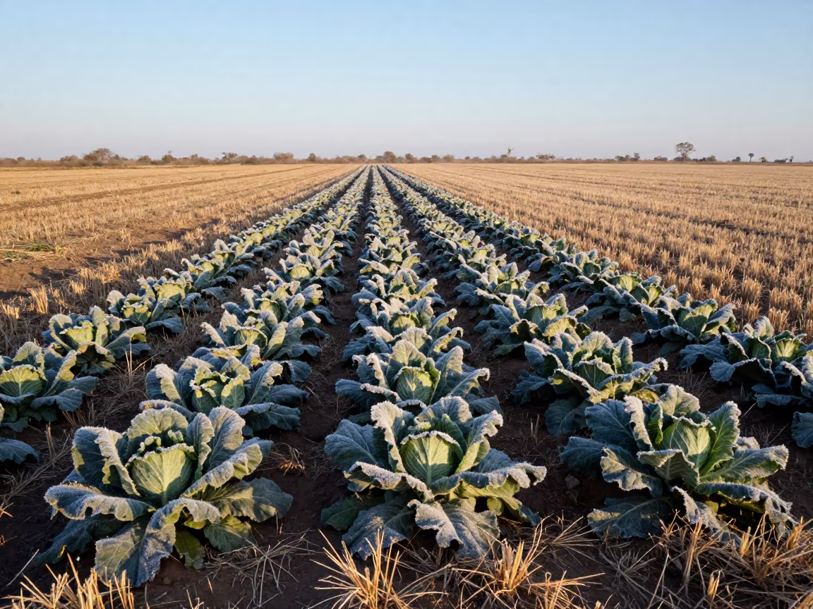 Frost-Covered Cabbage Furrow in Namibian Dawn in across a harvested grain field in Namibia
