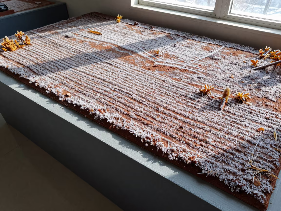 Frost Covered Field on Display Ledge Near Peshawar in on a painted display ledge near Peshawar