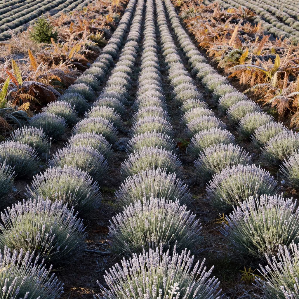 Frost Covered Lavender Rows on Fern Floor in on a fern-lined forest floor near Nanjing