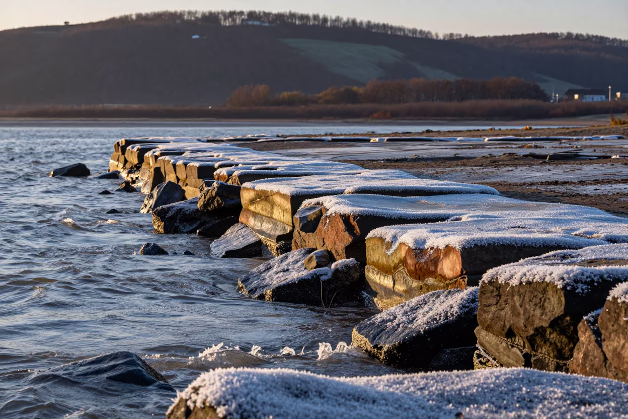 Frost-Covered Rock Pools at Dawn Near Hamburg in from a ridge above layered foothills near Hamburg