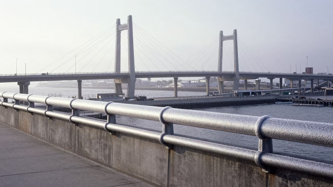 Frost Covered Sea Wall Rail Over California Harbor in across a windy overpass interchange in California