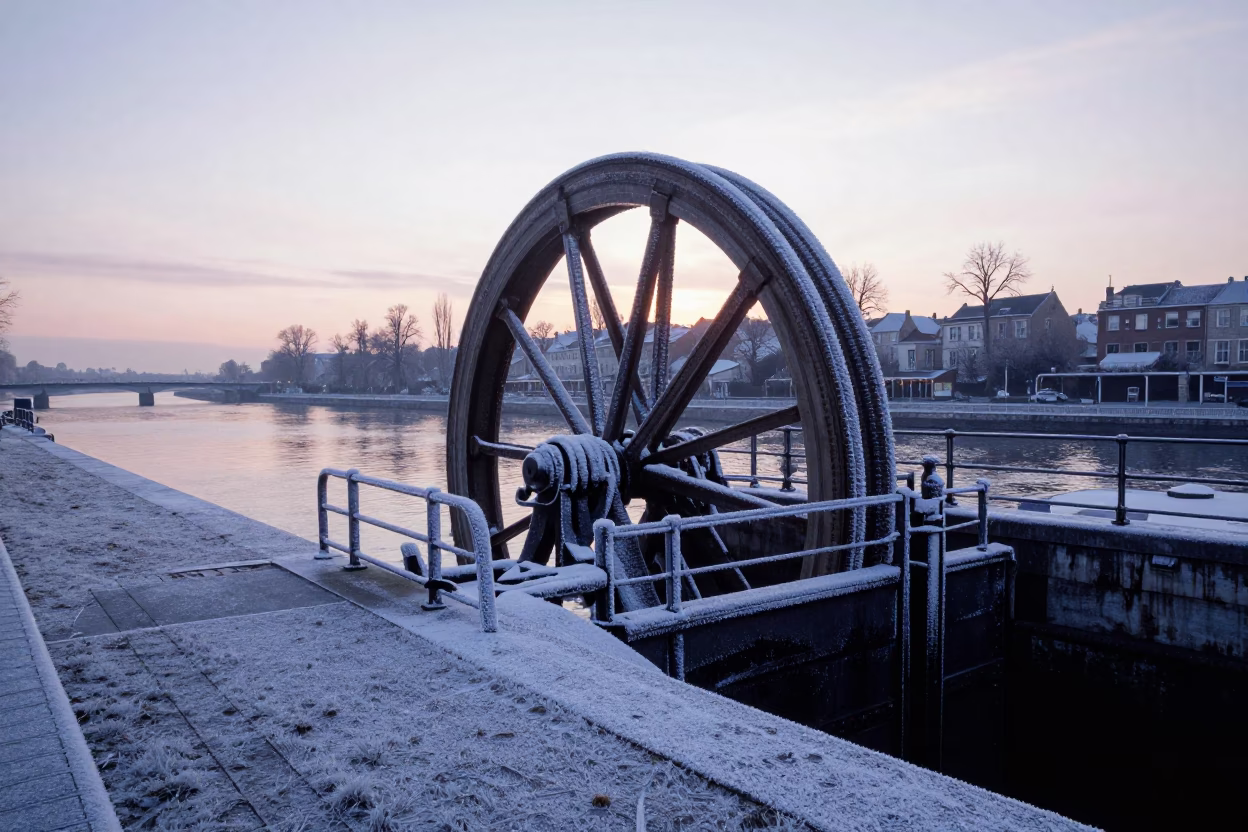 Frost Covered Sluice Gate Wheel and River Walkway in Brussels Before Dawn in in Brussels, Belgium