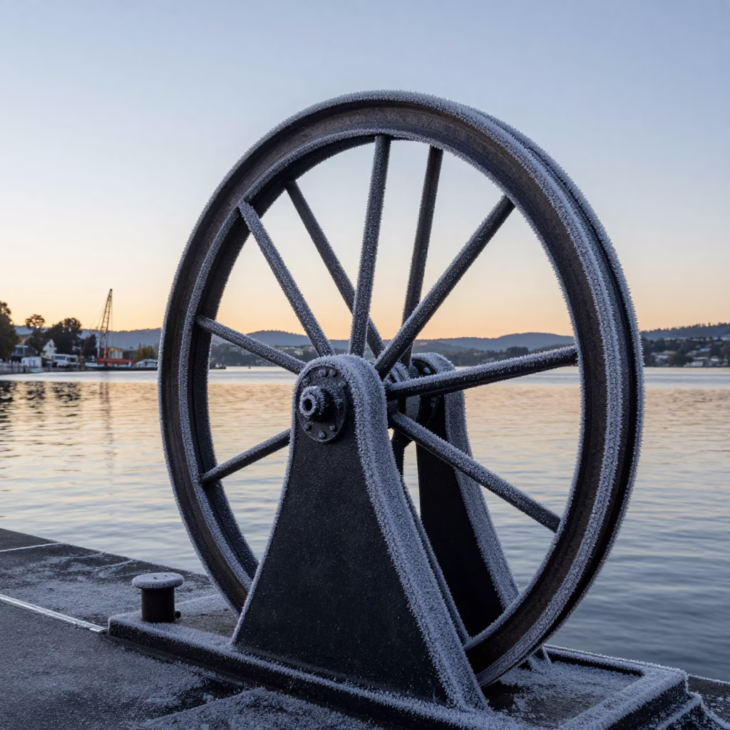 Frost Covered Sluice Gate Wheel at Dawn in Hobart Tasmania Australia Waterfront in in Hobart, Tasmania, Australia
