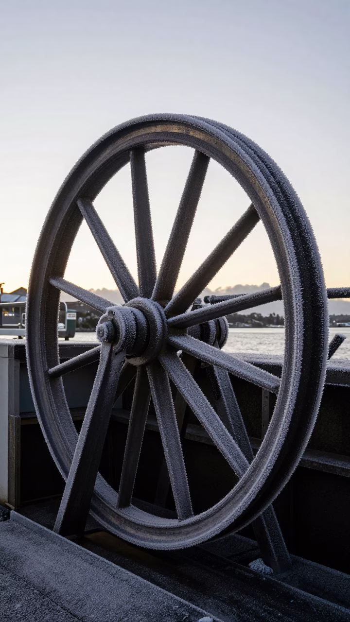 Frost Covered Sluice Gate Wheel Before Sunrise in Auckland New Zealand in in Auckland, New Zealand