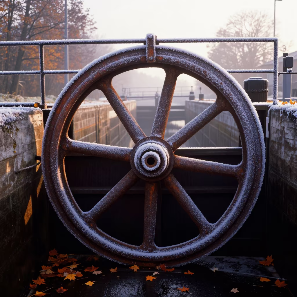 Frost Covered Sluice Gate Wheel Burgundy Dawn in at a canal lock chamber in Burgundy