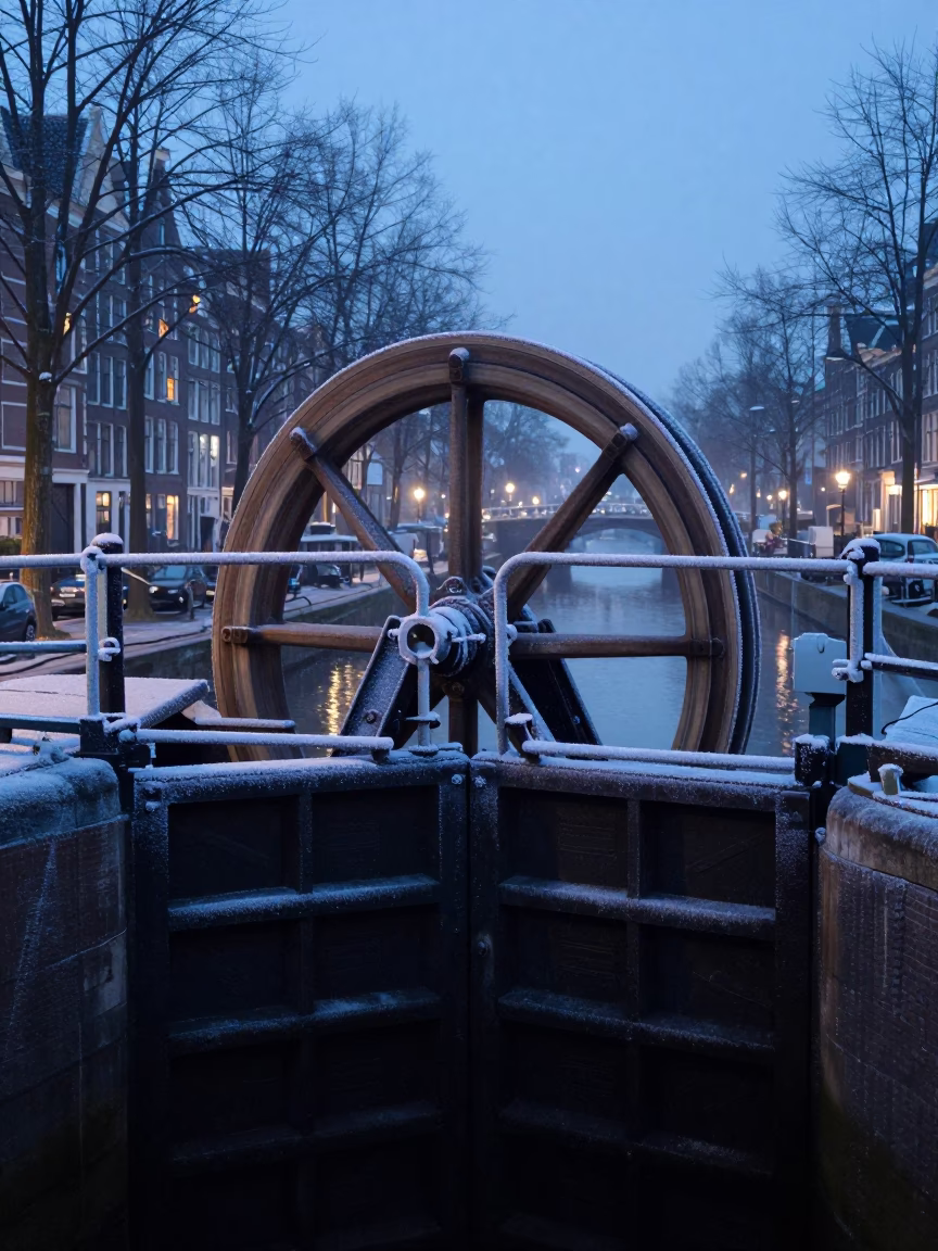 Frost Covered Sluice Gate Wheel in Amsterdam Before Dawn in in Amsterdam, Netherlands