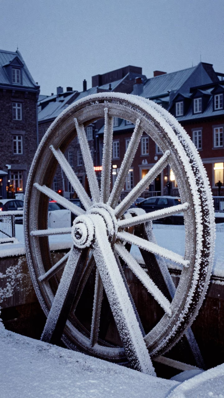 Frost Covered Sluice Gate Wheel In Quebec City Predawn Darkness in in Quebec City, Quebec, Canada