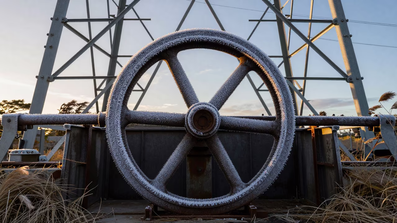 Frost Covered Sluice Gate Wheel Under Fiji Towers in beneath transmission towers in Fiji