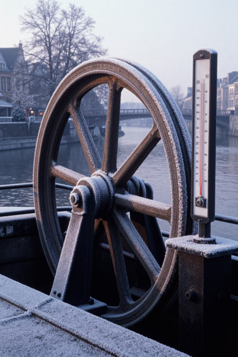 Frost Crusted Sluice Gate Wheel and Thermometer in Pre-Dawn Brussels Belgium in in Brussels, Belgium