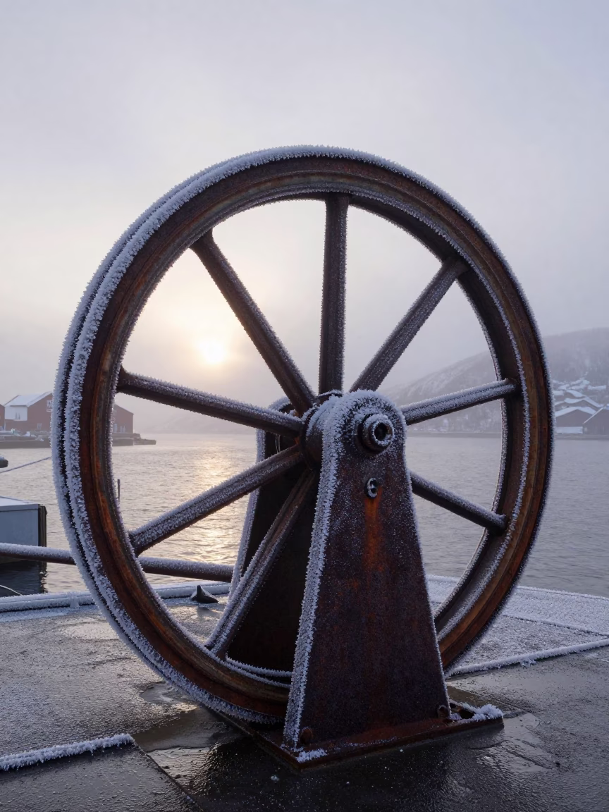 Frost Crusted Sluice Gate Wheel at Dawn in Bergen Norway City Harbor in in Bergen, Norway