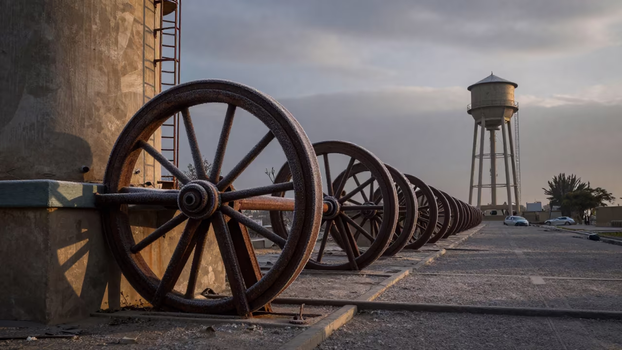 Frost Crusted Sluice Gate Wheel Before Dawn in beside a water tower ladder in Kabul