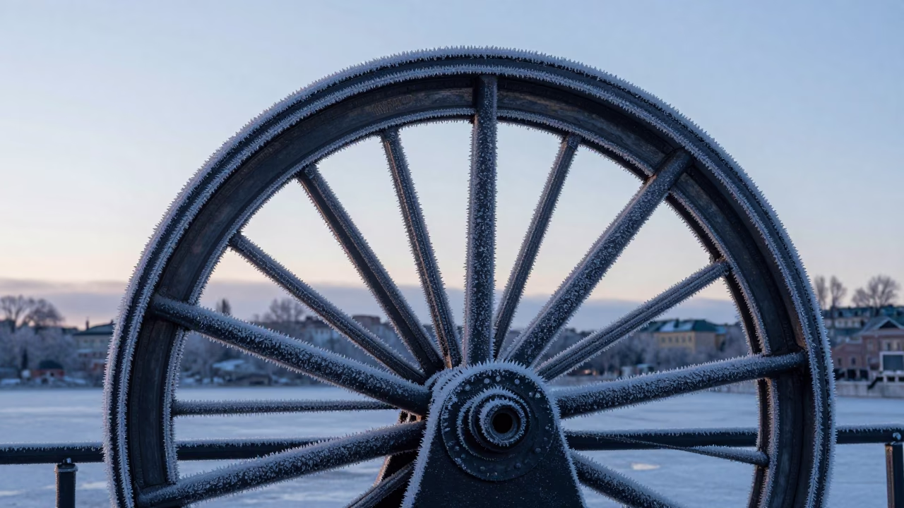 Frost Crusted Sluice Gate Wheel Before Sunrise in Stockholm Sweden in in Stockholm, Sweden