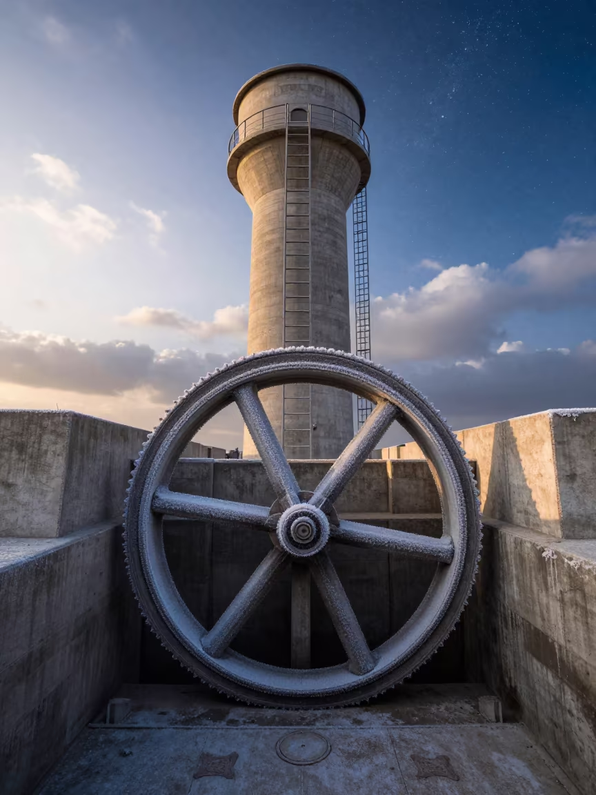 Frost Crusted Sluice Gate Wheel at Dawn in beside a water tower ladder near Giza
