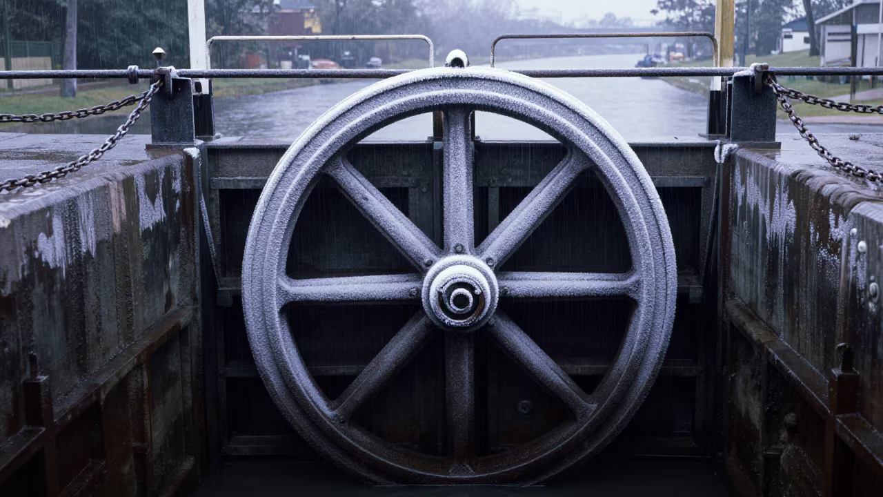 Frost Crusted Sluice Gate Wheel Dawn Rain in at a canal lock chamber in São Paulo state