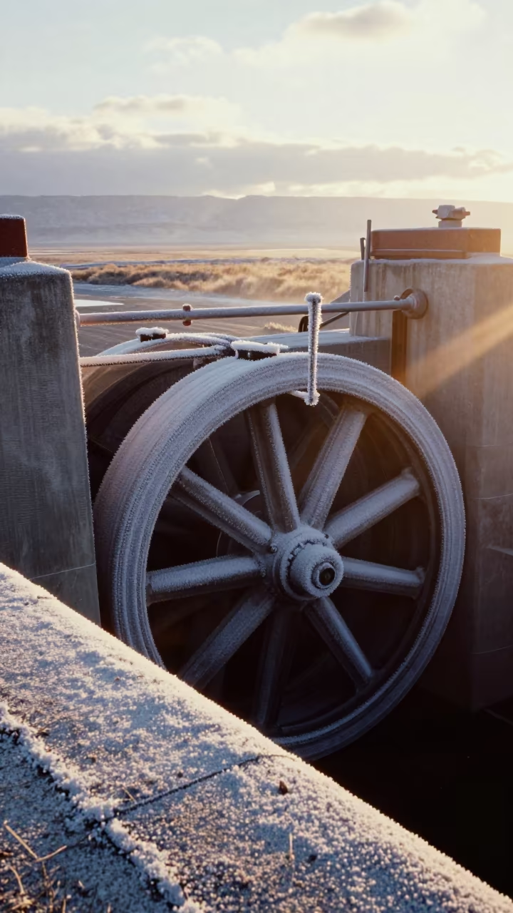 Frost Crusted Sluice Gate Wheel Dawn Utah in beside a storm surge barrier in Utah