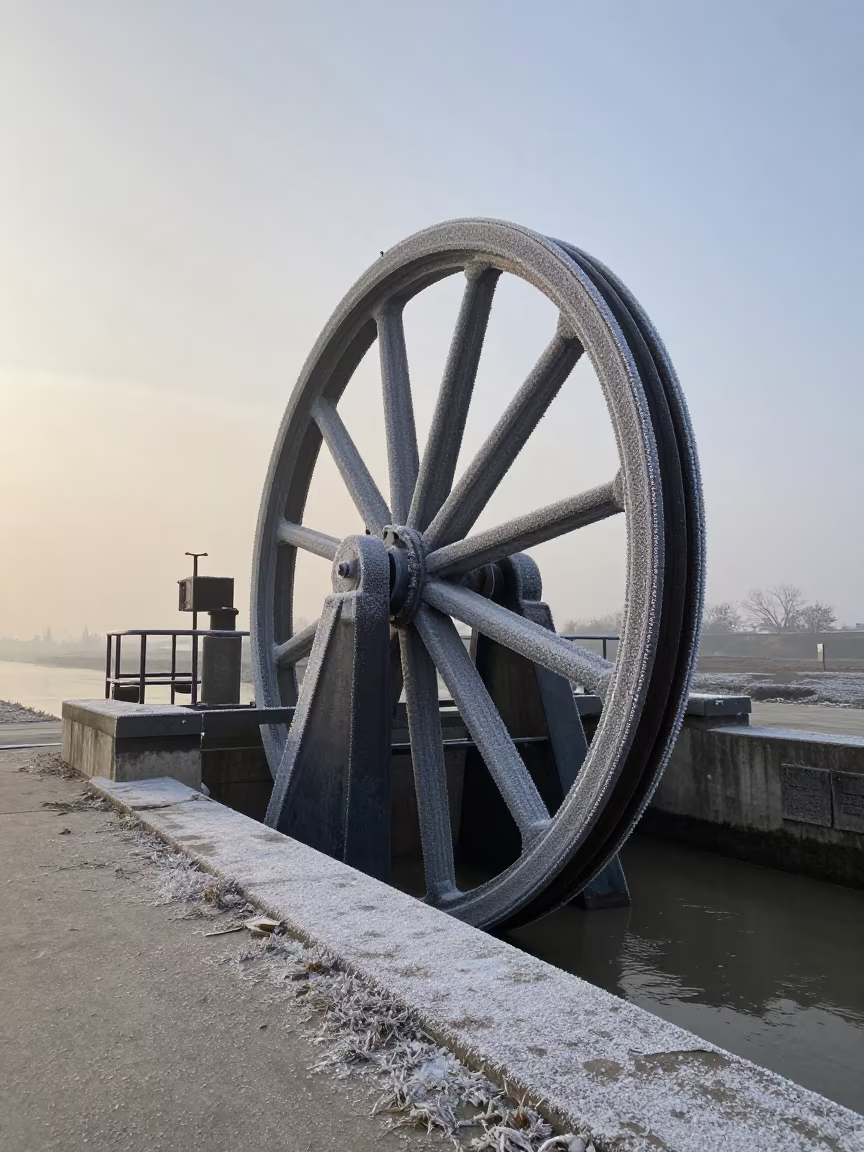 Frost-Crusted Sluice Gate Wheel at Dawn in along a levee path above floodwater near Kufa