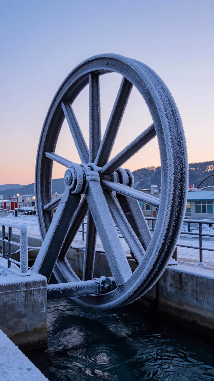 Frost-Crusted Sluice Gate Wheel in Busan South Korea Before Dawn in in Busan, South Korea