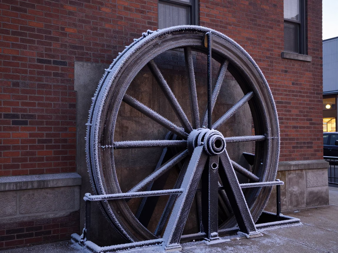 Frost Crusted Sluice Gate Wheel in Philadelphia Pre-Dawn Street Scene in in Philadelphia, Pennsylvania, United States