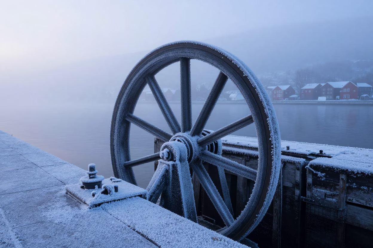 Frost Crusted Sluice Gate Wheel in Pre-Dawn Bergen Norway Misty Waterway in in Bergen, Norway