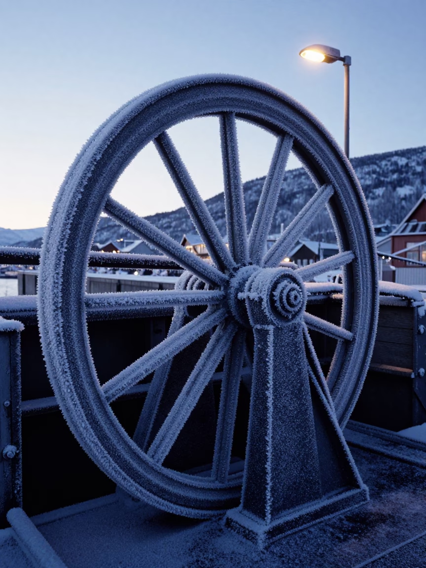 Frost-Crusted Sluice Gate Wheel in Pre-Dawn Bergen Norway in in Bergen, Norway