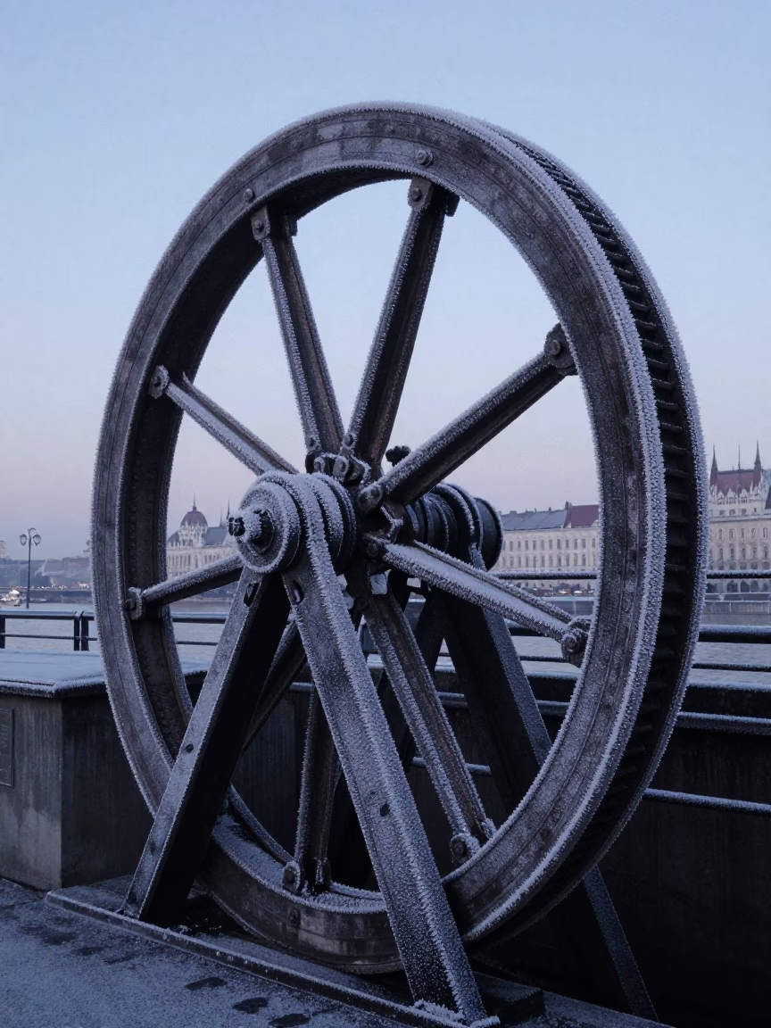 Frost Crusted Sluice Gate Wheel in Pre-Dawn Budapest Hungary Urban Landscape in in Budapest, Hungary