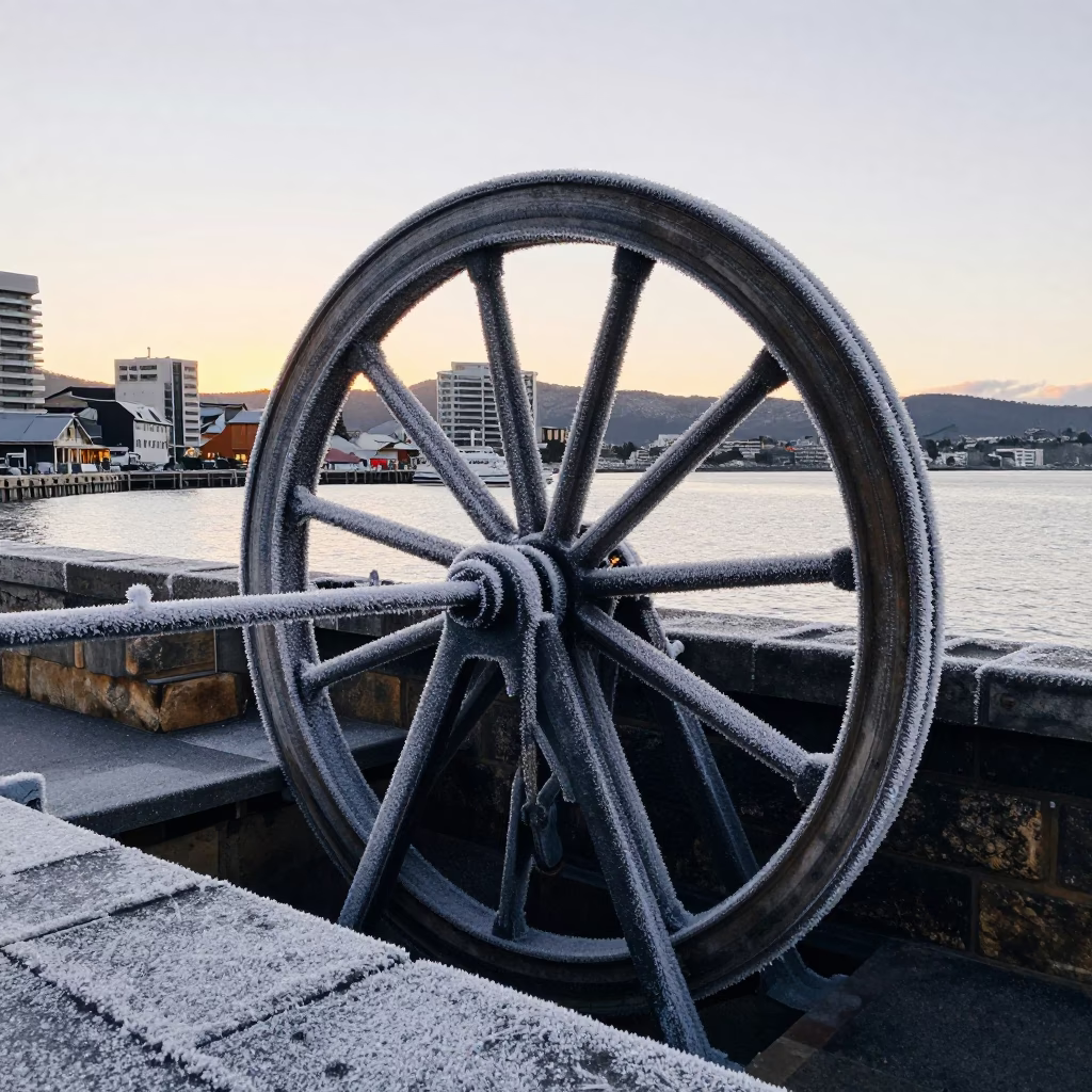 Frost Crusted Sluice Gate Wheel in Pre-Dawn Hobart Tasmania Harbor Waterfront in in Hobart, Tasmania, Australia
