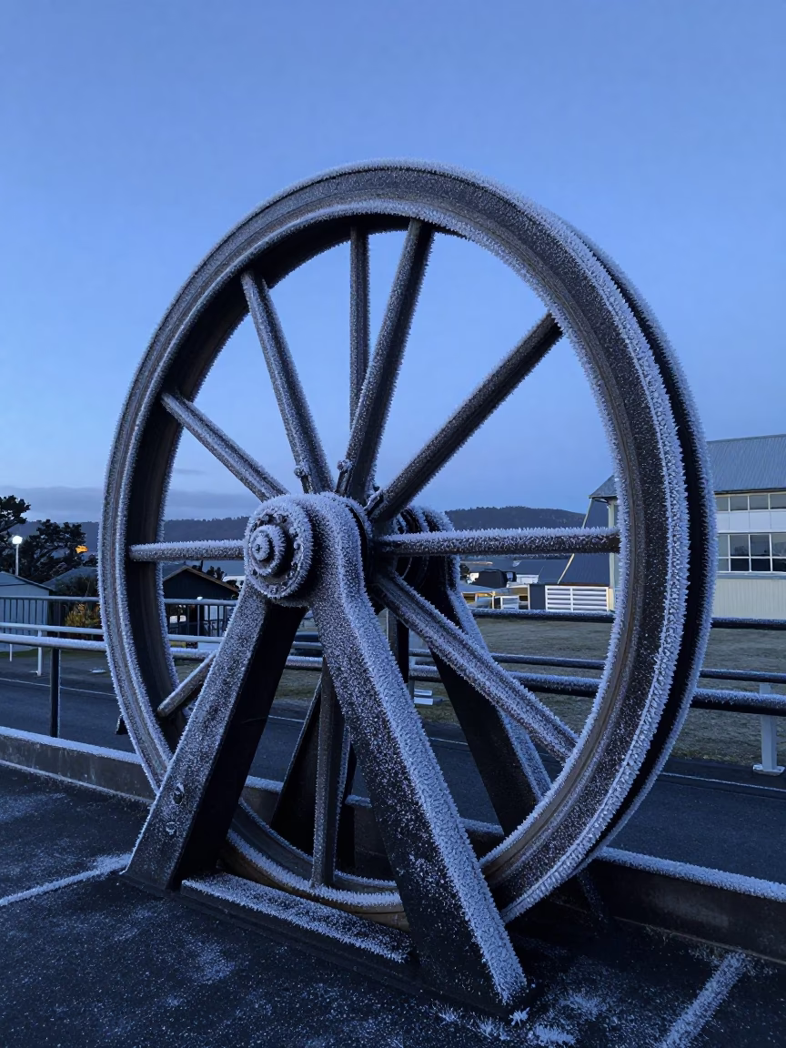 Frost-Crusted Sluice Gate Wheel in Pre-Dawn Hobart Tasmania Morning in in Hobart, Tasmania, Australia