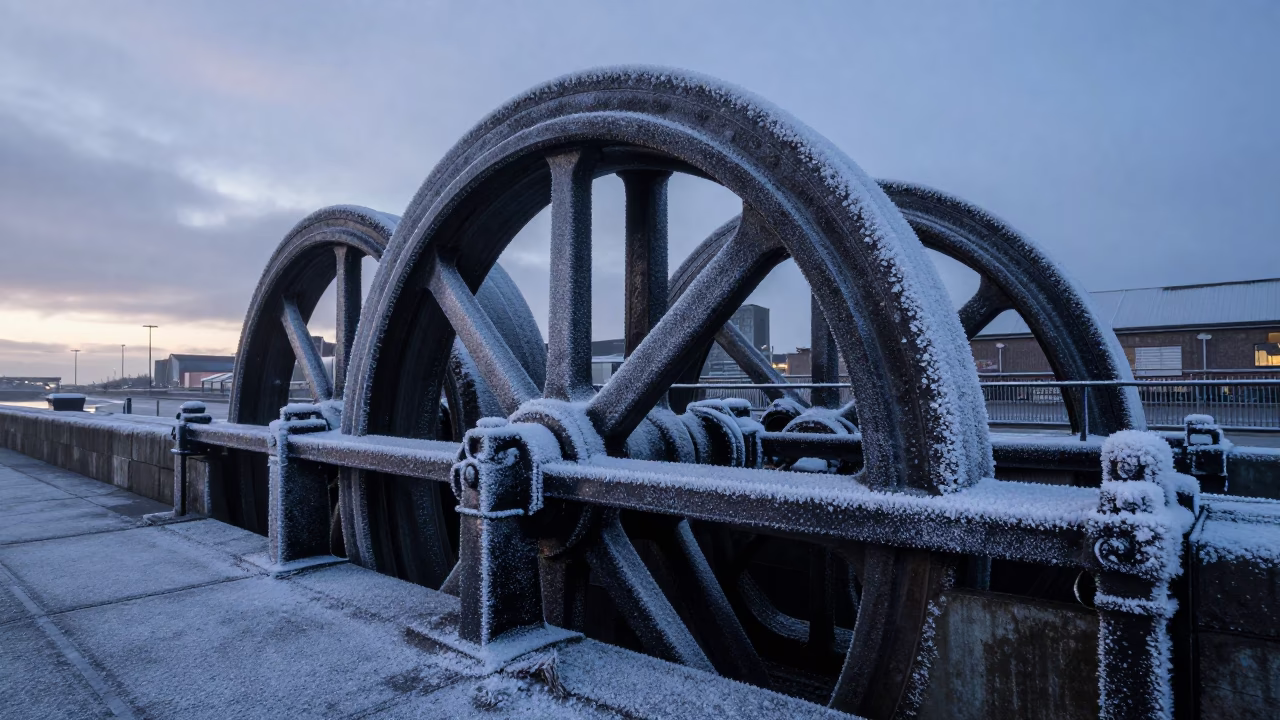 Frost-Crusted Sluice Gate Wheel in Pre-Dawn Liverpool Docklands Street Scene in in Liverpool, United Kingdom
