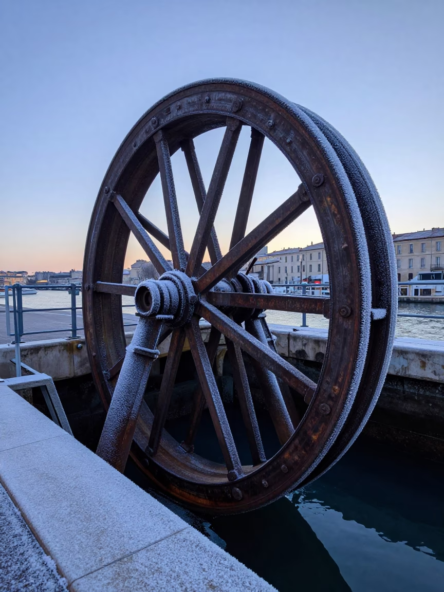 Frost-Crusted Sluice Gate Wheel in Pre-Dawn Marseille Canal Waterway in in Marseille, France
