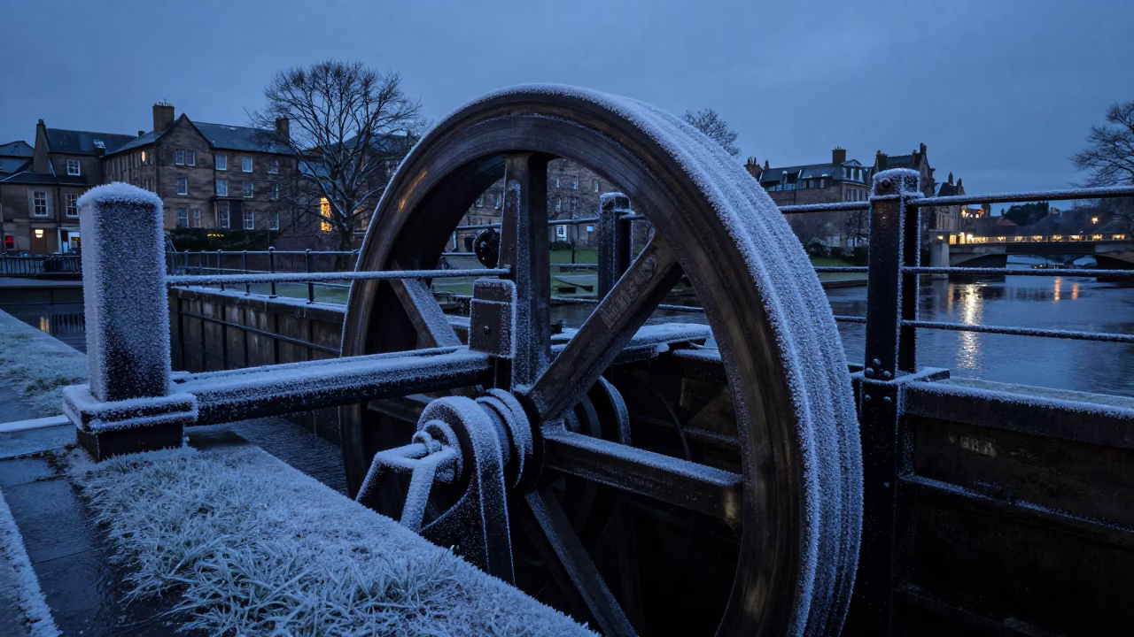 Frost Crusted Sluice Gate Wheel in Predawn Edinburgh Scotland Urban Scene in in Edinburgh, United Kingdom