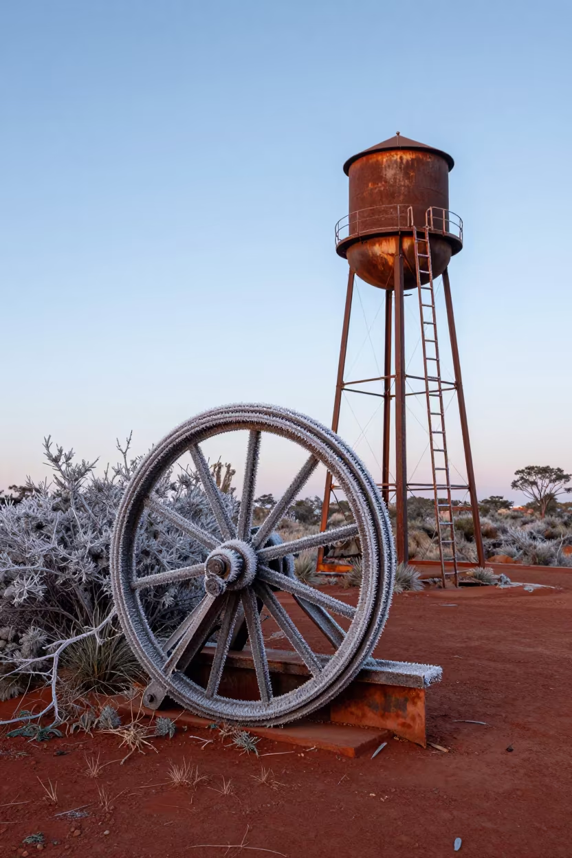Frost Crusted Sluice Gate Wheel Winter Dawn in beside a water tower ladder in the Outback