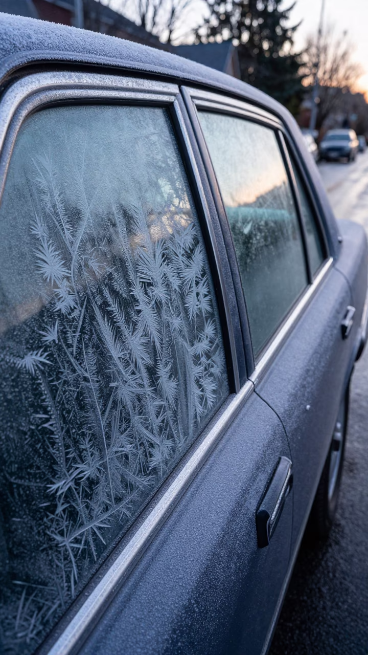 Frost Crystal Patterns on Car Window in Vancouver British Columbia Before Dawn in in Vancouver, British Columbia, Canada