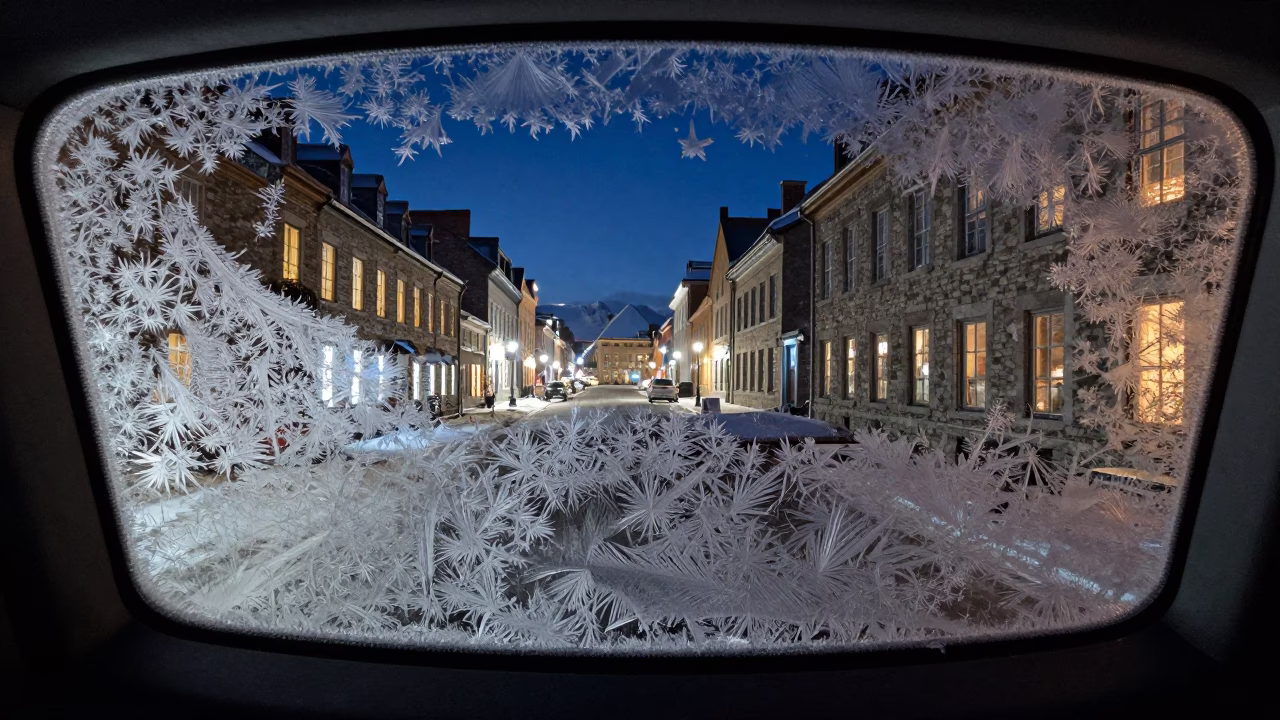 Frost Crystal Patterns on Quebec City Car Window Under Deep Night Sky in in Quebec City, Quebec, Canada