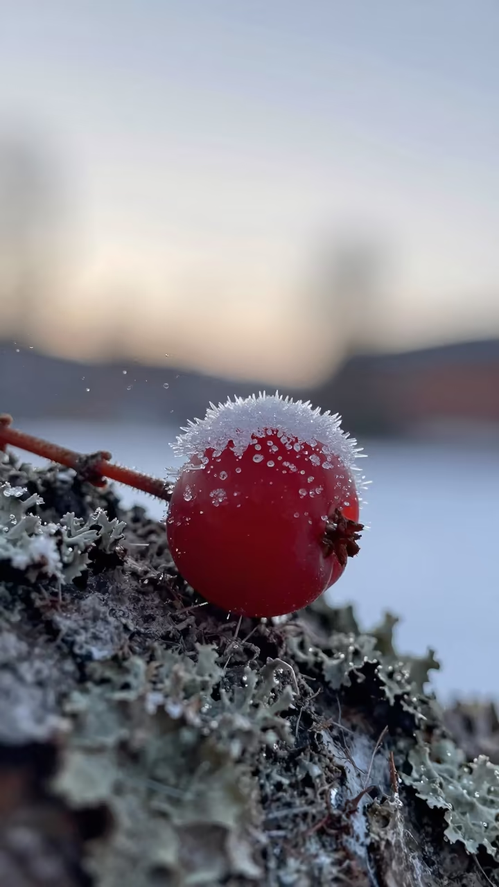 Frost Crystals on Berry in Stockholm Winter Morning in on lichen-covered bark in Stockholm