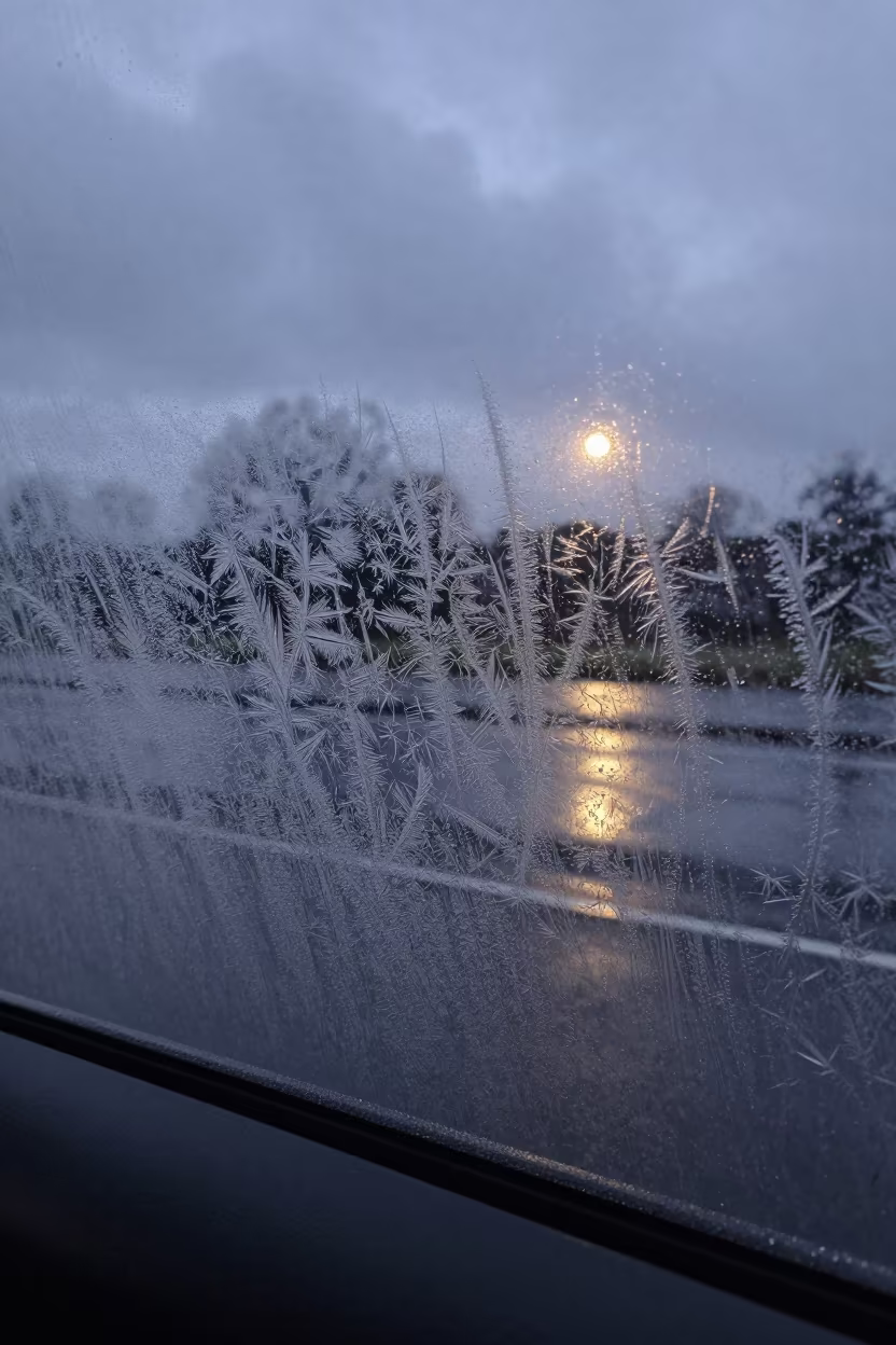 Frost Crystals on Car Window Twilight Water Reflection in near Spotsylvania County