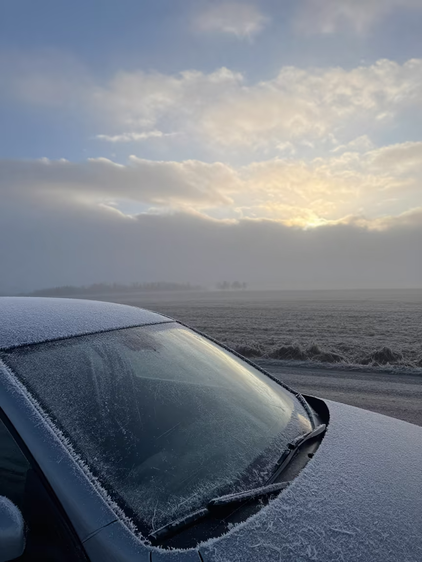 Frost Crystals on Car Windshield Dawn Spain in beneath fast-moving cloud bands in Spain