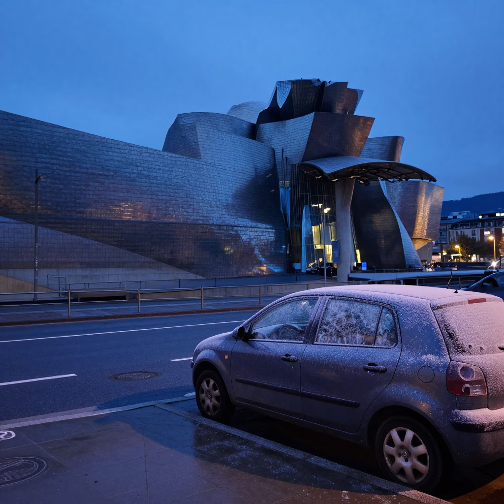 Frost Crystals on Car Window in Bilbao Indigo Twilight Street Scene in in Bilbao, Spain