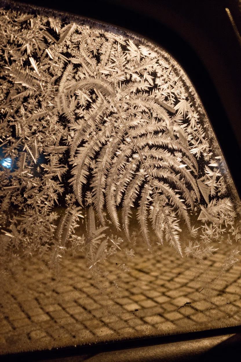 Frost Crystals on Car Window in Deep Night Krakow Poland Street Scene in in Krakow, Poland