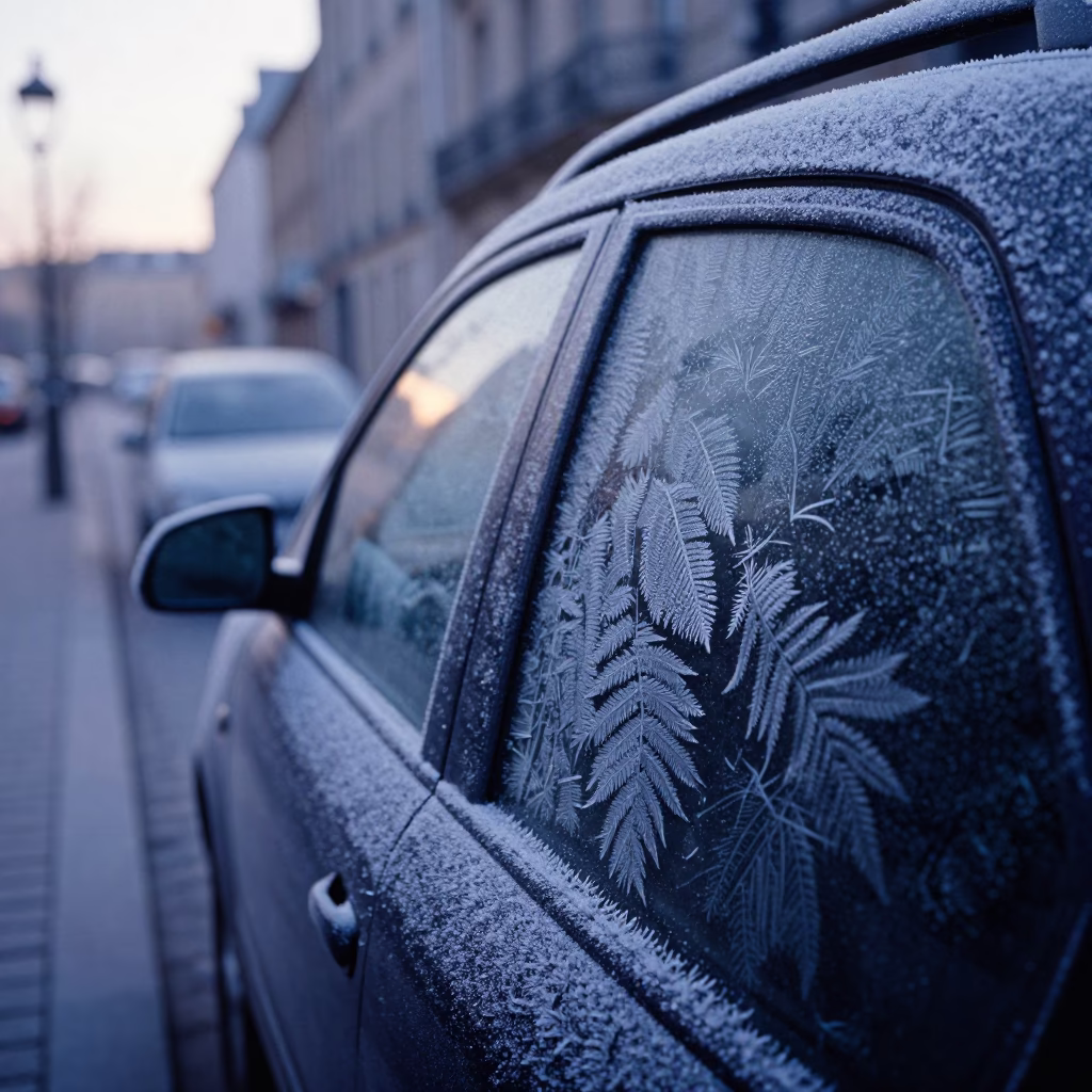 Frost Crystals on Car Window in Pre-Dawn Paris Street Scene in in Paris, France