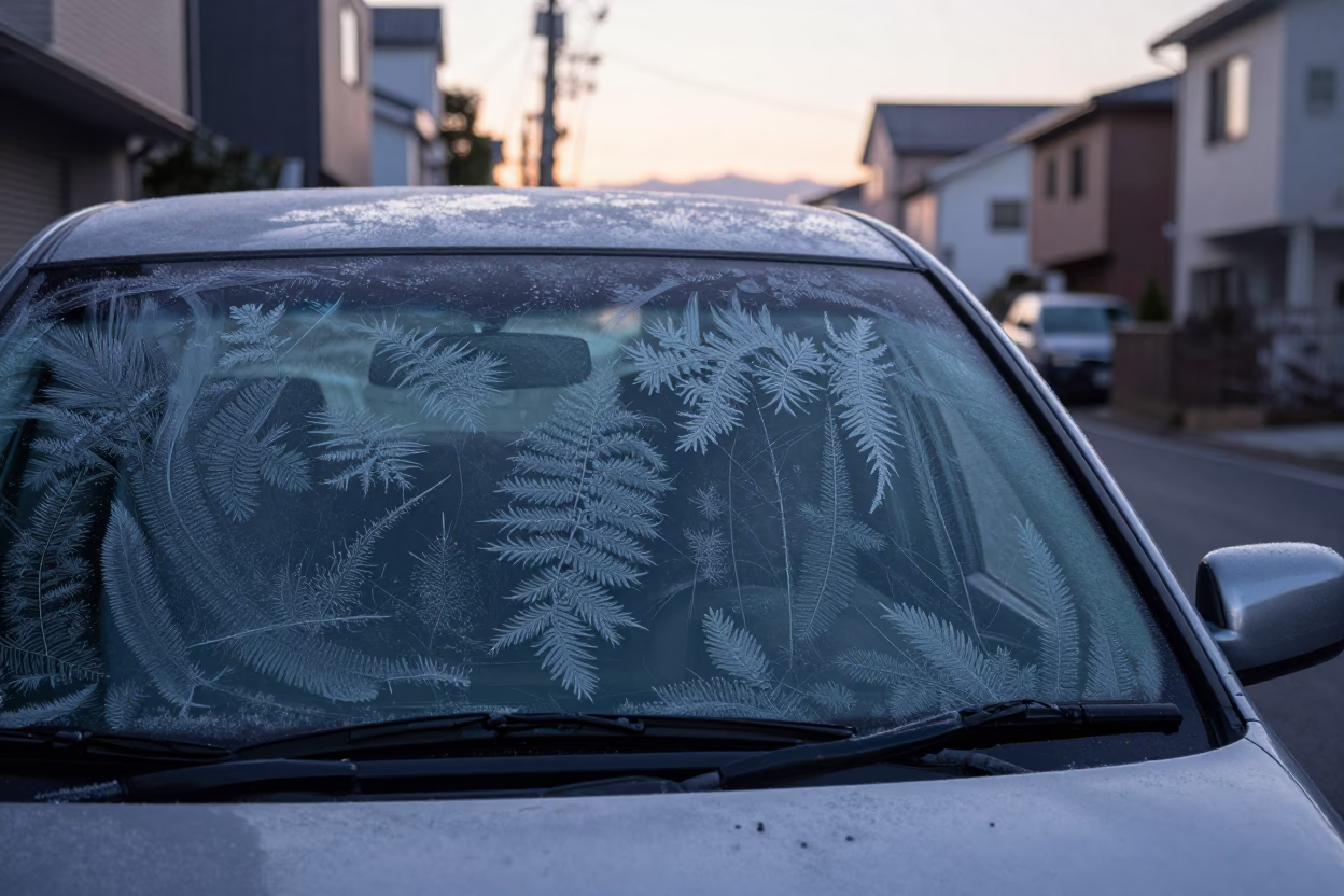 Frost Crystals on Car Window in Pre-Dawn Tokyo Street Scene in in Tokyo, Japan