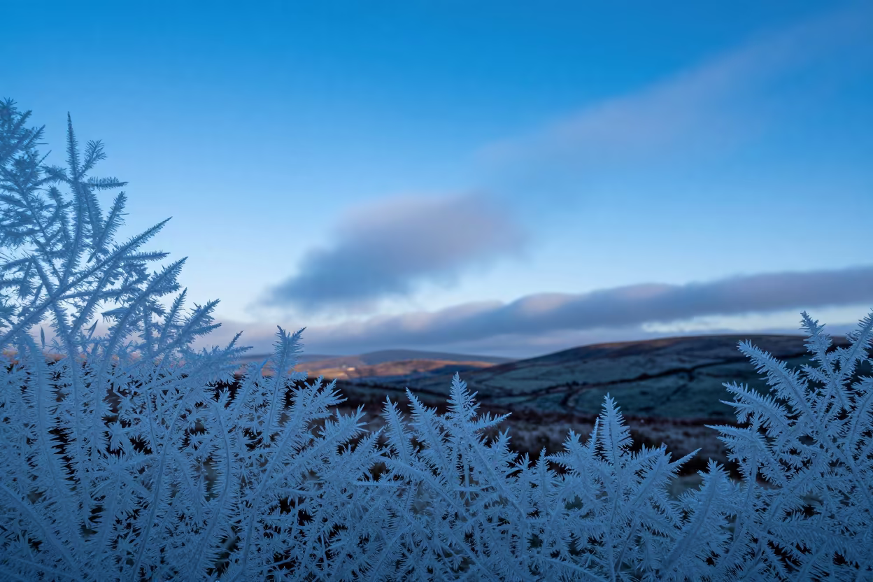 Frost Crystals on Window in Cornish Twilight in beneath fast-moving cloud bands in Cornwall