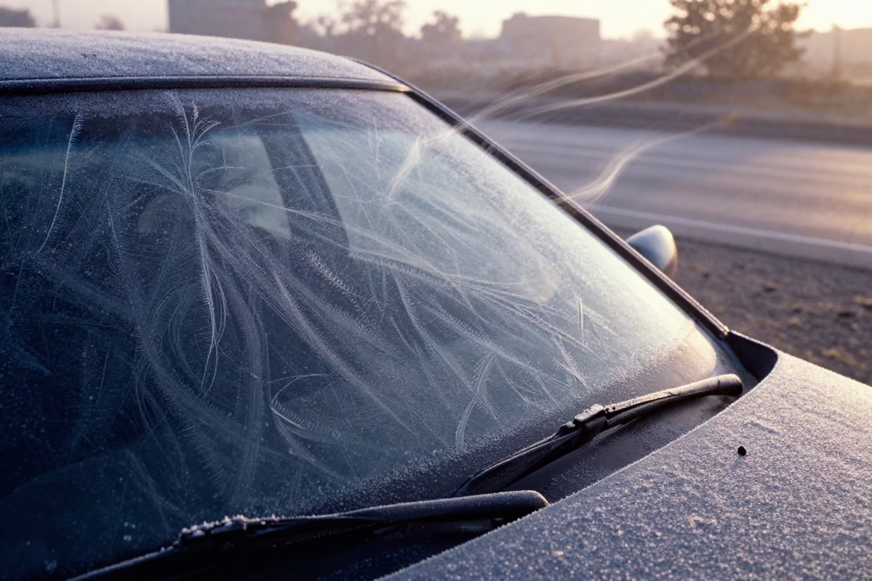 Frost Crystals on Windshield at Dawn Near Faisalabad in near Faisalabad