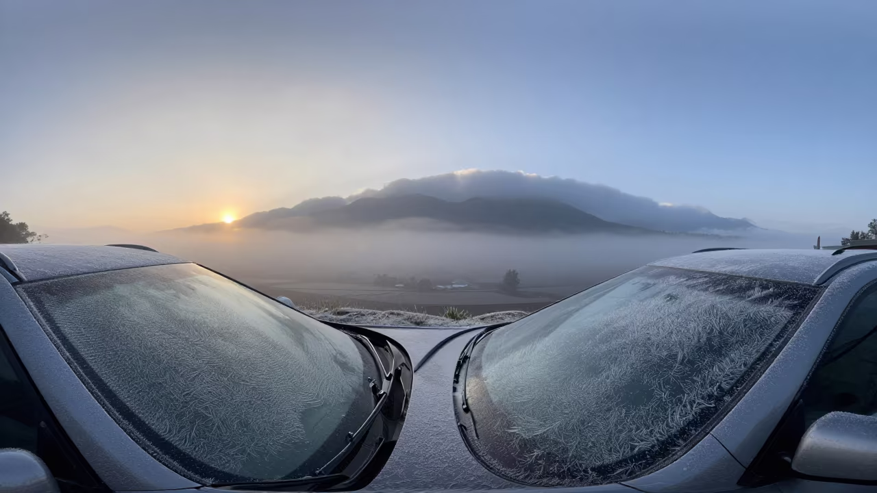 Frost Crystals on Windshield at Dawn Over Idanre in over a horizon of stacked thunderheads near Idanre