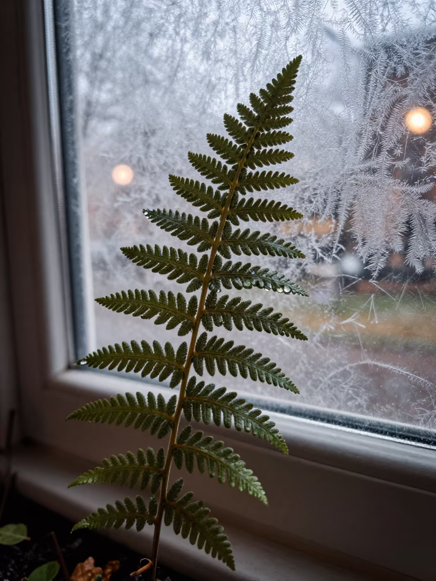 Frost Edge Fern Droplet Macro in along a frost-edged windowpane near Utrecht