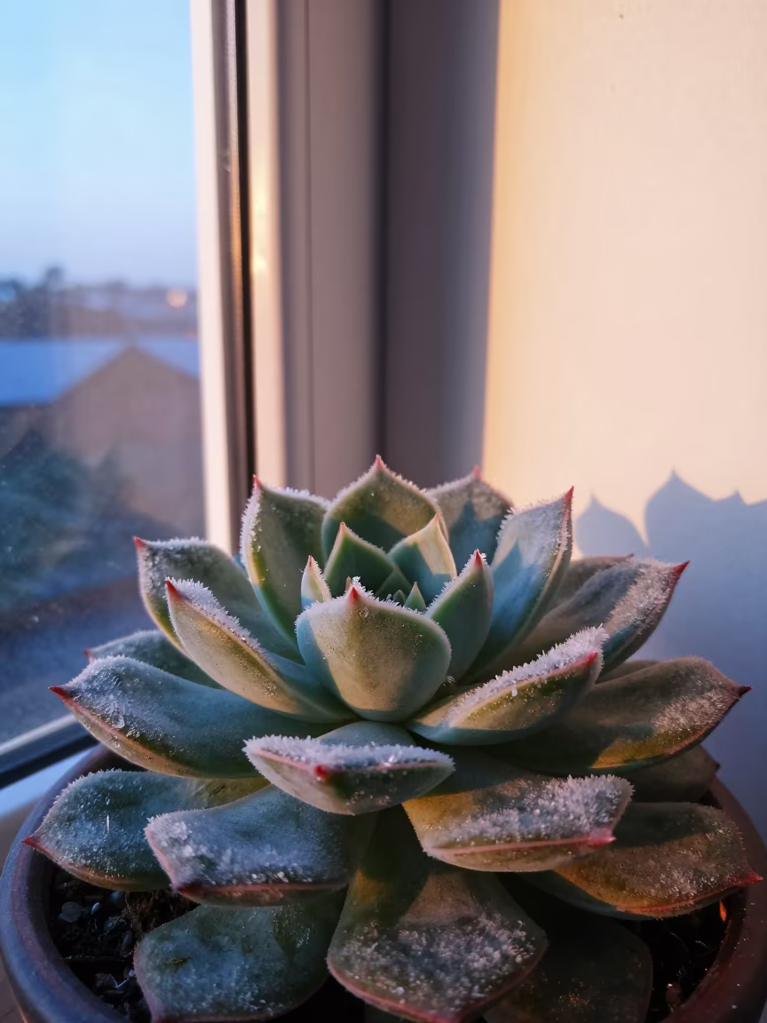 Frost Edge Rosette Succulent Sunset Barinas in along a frost-edged windowpane in Barinas