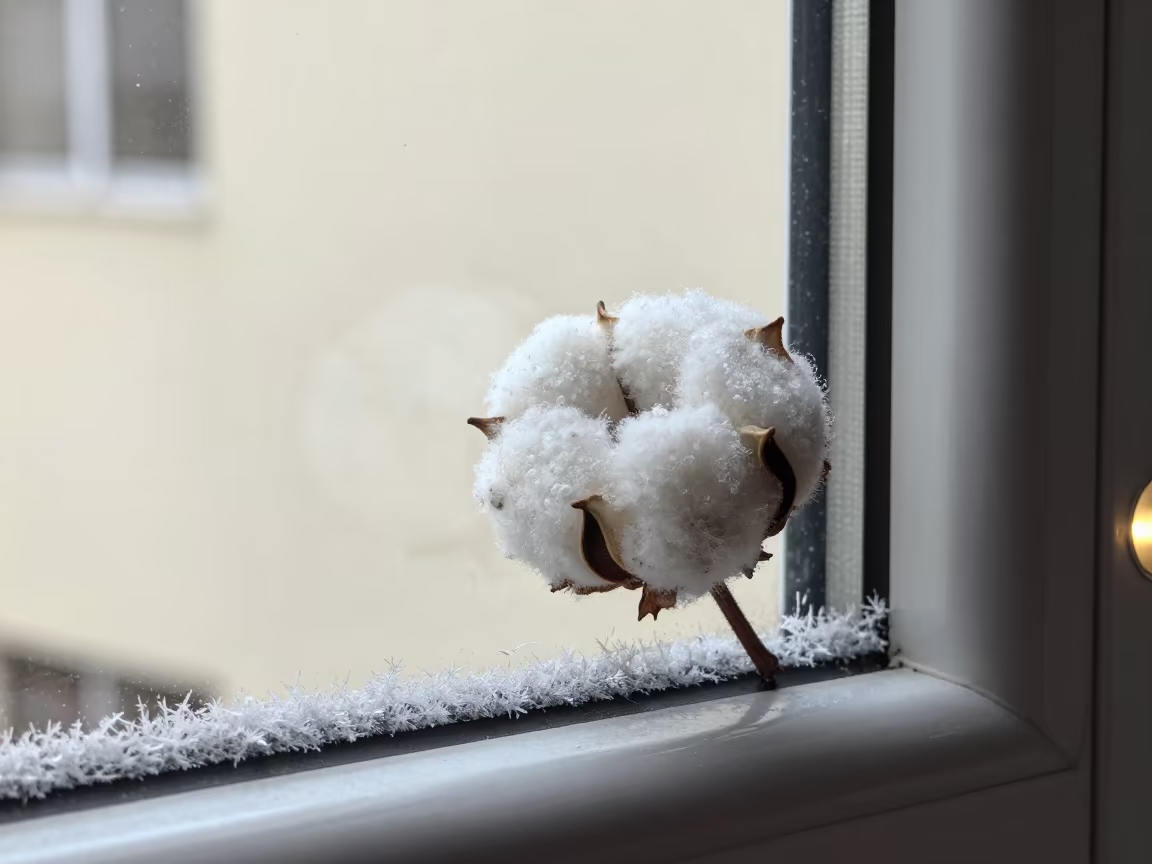 Frost Edge Window Cotton Fiber Macro in along a frost-edged windowpane in San Pedro de Macorís