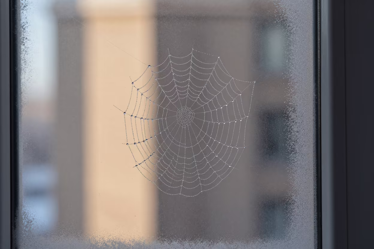 Frost Edged Cobweb With Mist Droplets in along a frost-edged windowpane in Harbin