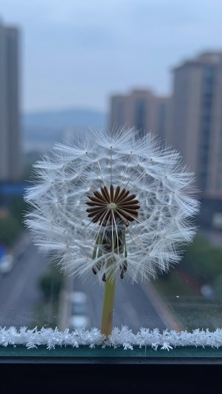 Frost-Edged Dandelion Seed Parachute Macro in along a frost-edged windowpane in Chongqing